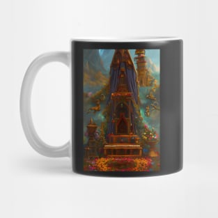 Surreal Magical Alter and Tower in Beautiful Landscape with Birds, and Flowers by the Mountains Mug